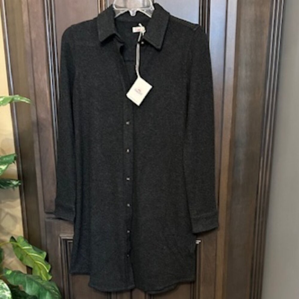 Faherty Heathered Black Twill Button Front Legend Sweater Knit Shirt Dress